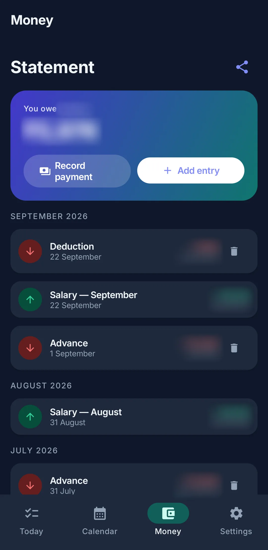 Statement screen listing salary, advance and deduction entries with a running balance.