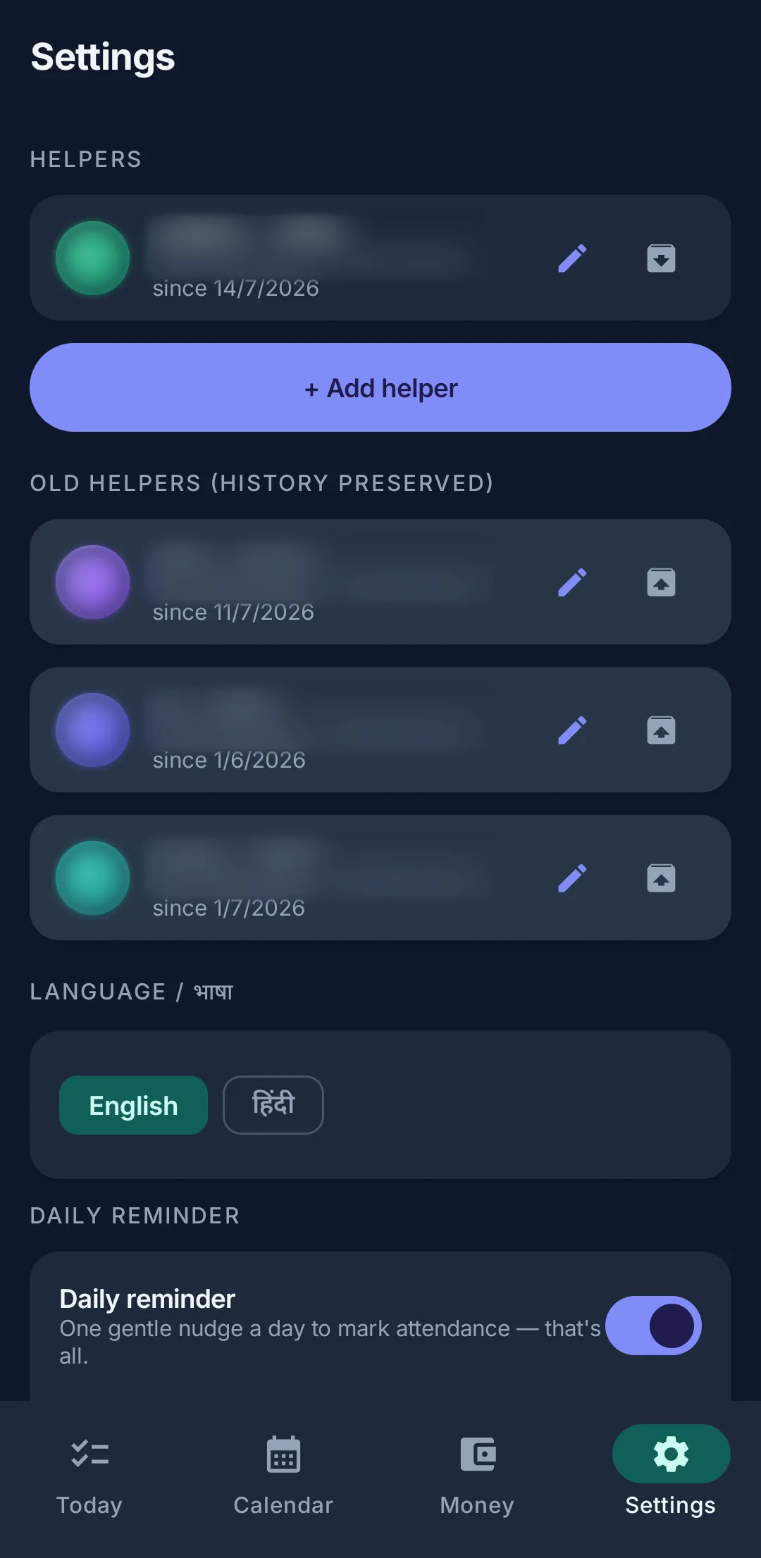 Settings screen with current and past helpers, an English/Hindi language switch and a daily reminder toggle.